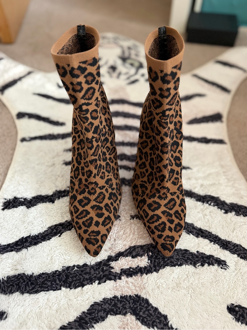 MIA Leopard-Print Pointed Toe Sock Boot - Tan & Black